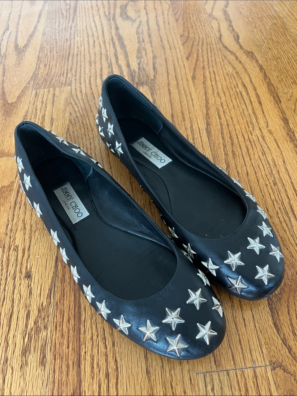 Jimmy Choo Black Leather Star-Studded Ballet Flats